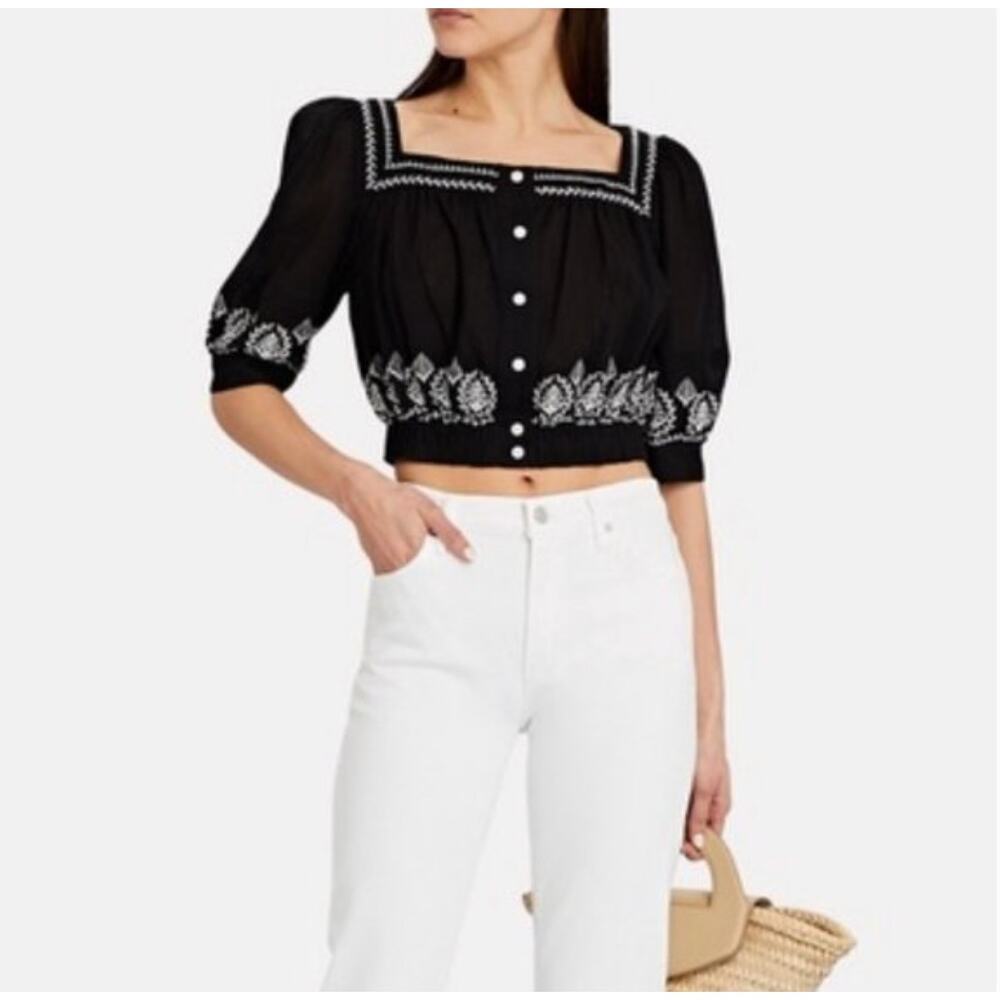 DEREK LAM 10 CROSBY Tama Black White Embroidered Crop Top Blouse Women's Size 0